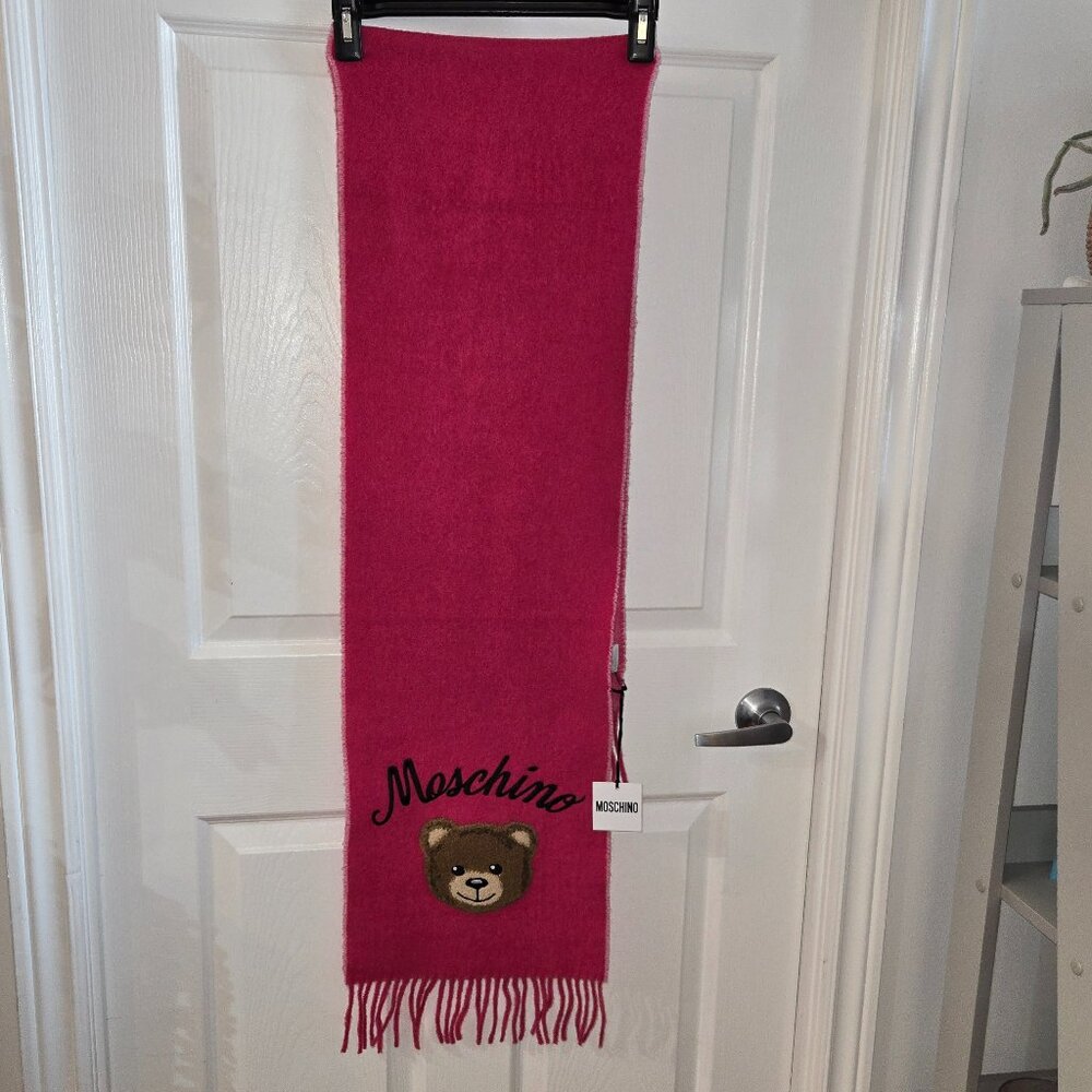 Moschino Teddy Bear-Embroidered Wool Scarf - Fuchsia